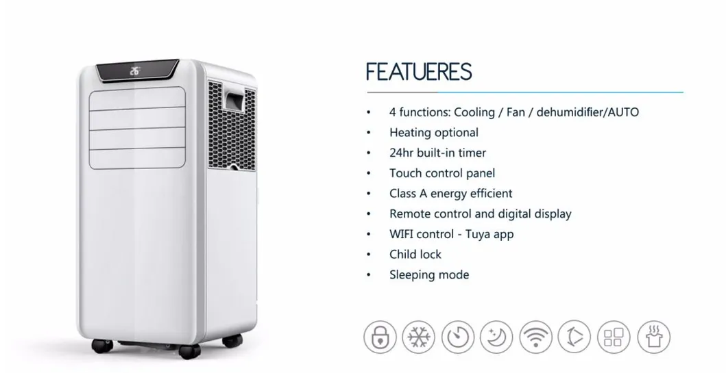 6 in 1new Design Household Mobile Portable Air Conditioner with Child Lock /Display Screen/WiFi/Heating/Cooling/Dehumidifying/Dehumidifier Air Cooler