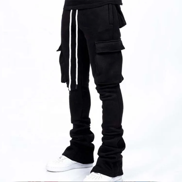 Custom 100% Cotton High Quality Casual Men′s with Pocket Jogger Track Pants Drawstring Elastic Waistband Stacked Pants for Men