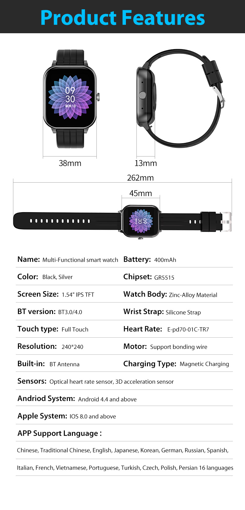 Large battery and low power consumption H Band APP 1.54 inch screen dial number smart watch stainless steel