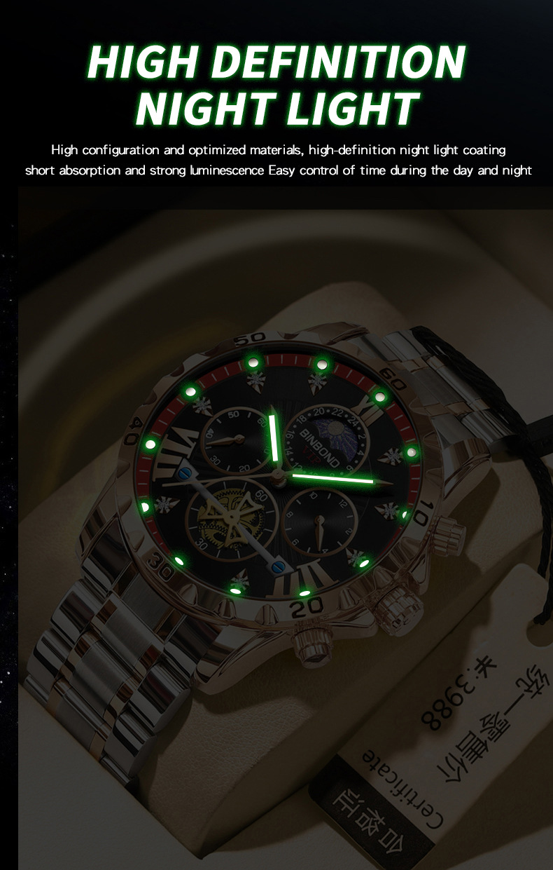 BINBOND 3103 Men luxury quartz Watches Waterproof Luminous Stainless Steel  Watch Hollow Tourbillon Wristwatches