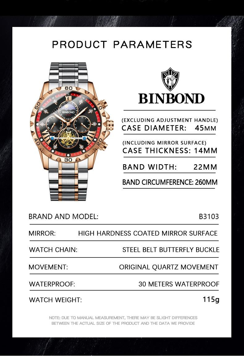 BINBOND 3103 Men luxury quartz Watches Waterproof Luminous Stainless Steel  Watch Hollow Tourbillon Wristwatches