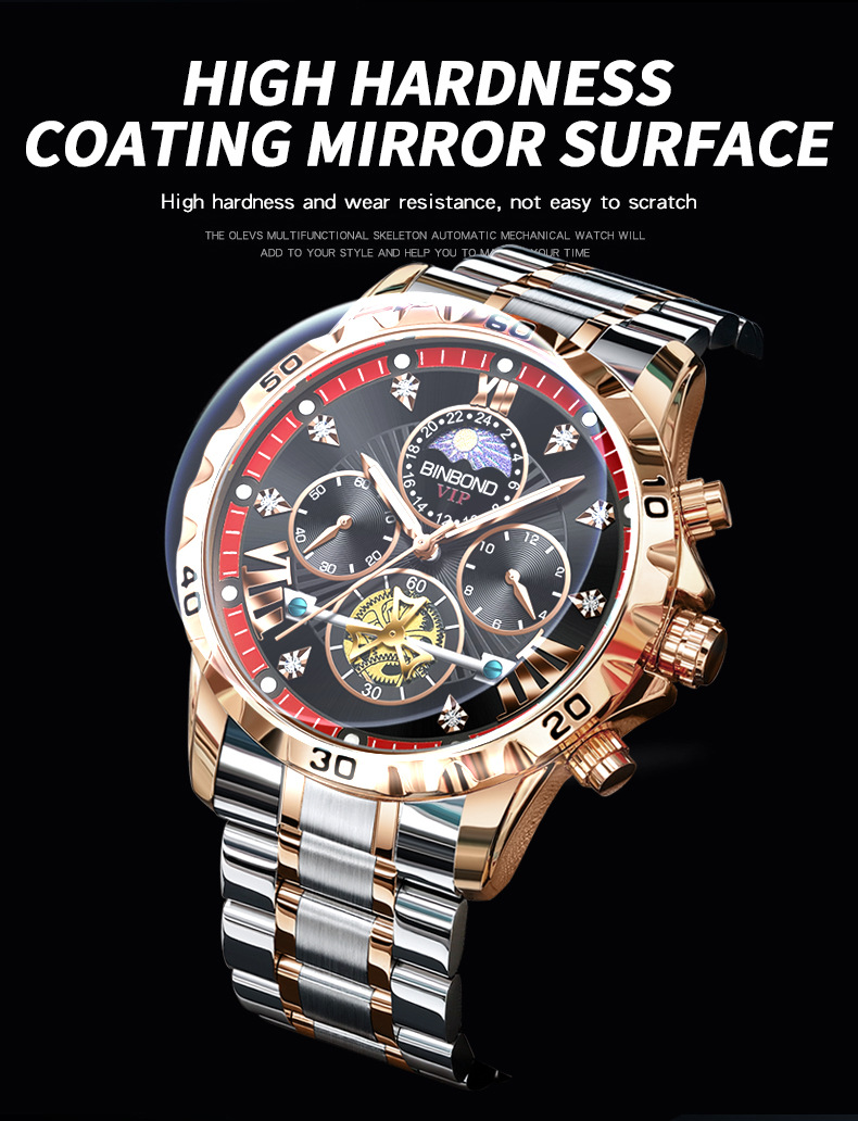 BINBOND 3103 Men luxury quartz Watches Waterproof Luminous Stainless Steel  Watch Hollow Tourbillon Wristwatches