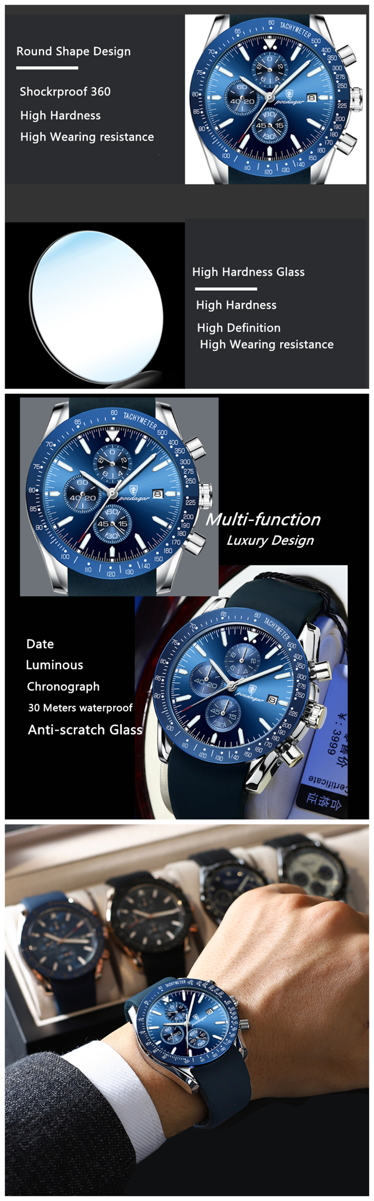 Luxury Chronograph Watch for Men POEDAGAR P988 Stainless Steel Luminous Date Week Sport Wrist Watches