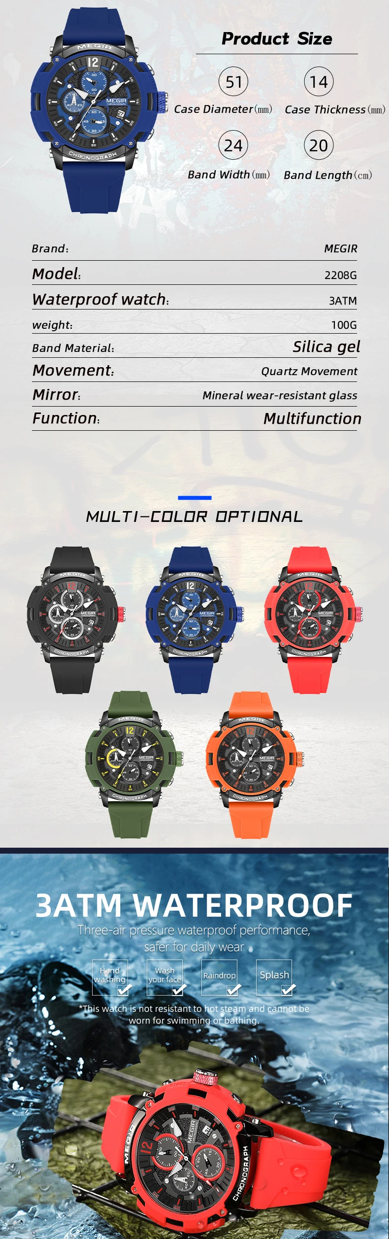 MEGIR 2208 New Fashion Silicone Chronograph Sport Watches Original Men Wrist Quartz Watch For Man