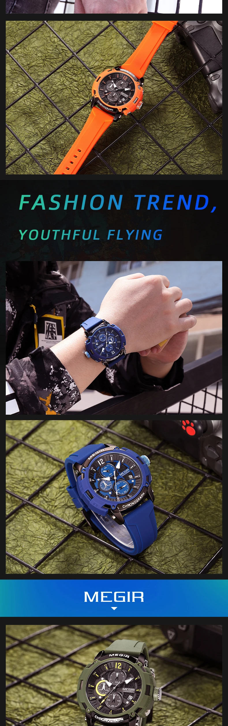 MEGIR 2208 New Fashion Silicone Chronograph Sport Watches Original Men Wrist Quartz Watch For Man