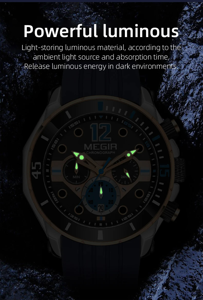 Megir 2206 Men's Quartz Watch Silicone Strap Luminous Chronograph Calendar Waterproof Sports Business Watch