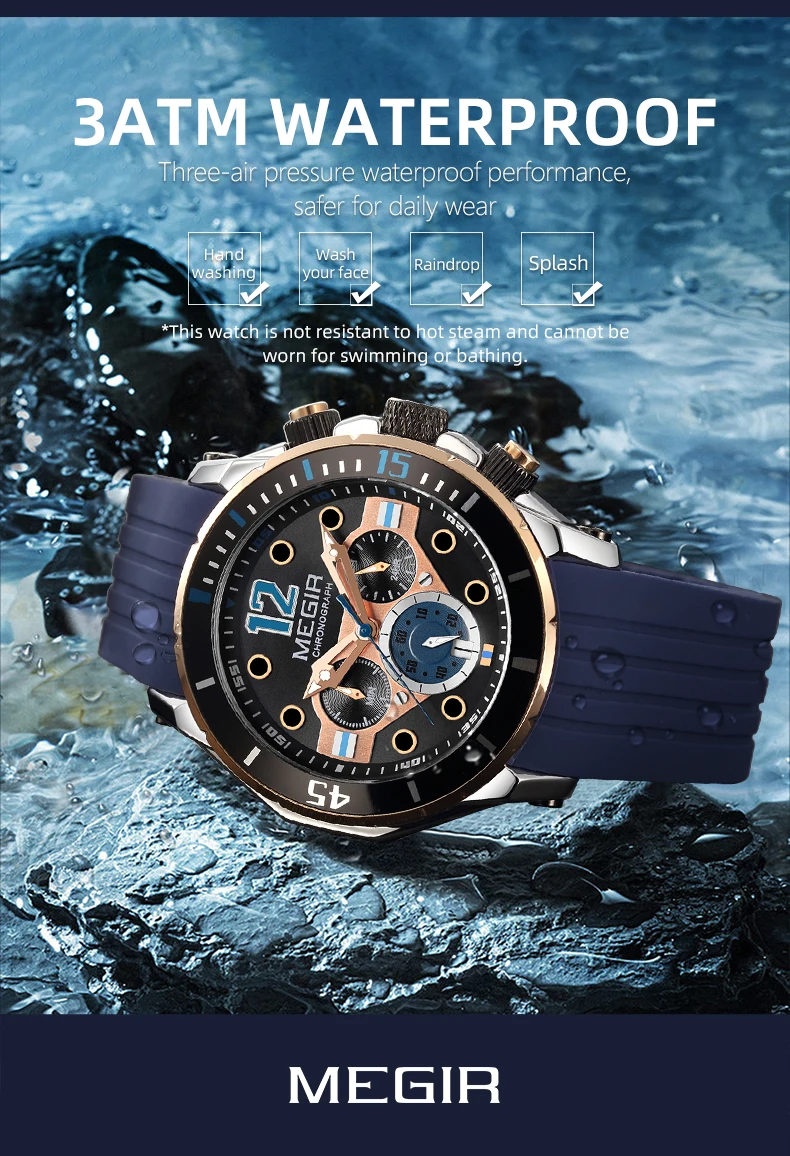 Megir 2206 Men's Quartz Watch Silicone Strap Luminous Chronograph Calendar Waterproof Sports Business Watch