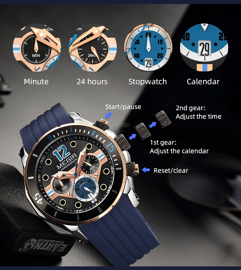 Megir 2206 Men's Quartz Watch Silicone Strap Luminous Chronograph Calendar Waterproof Sports Business Watch