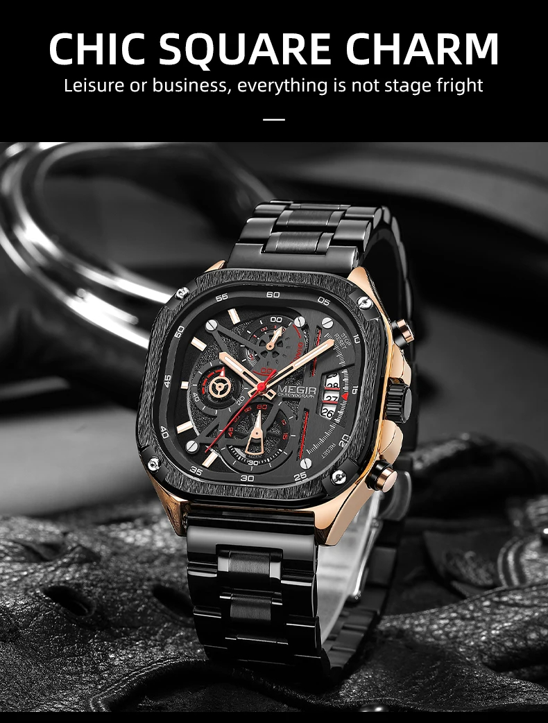 Megir 2217 Square Dial Male watches for men quality Wrist Luxury Waterproof Square wristwatches mens watch