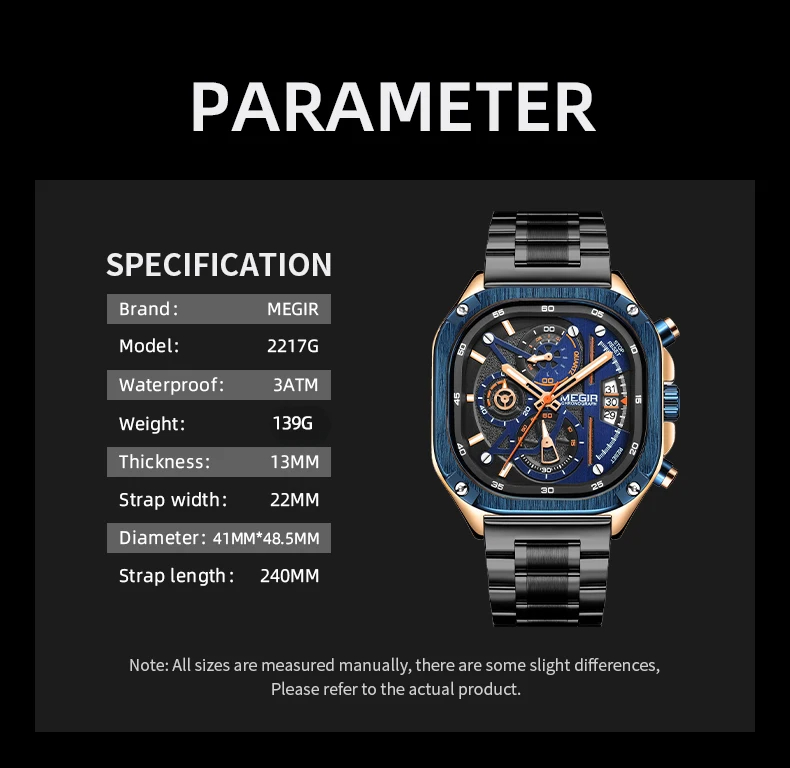 Megir 2217 Square Dial Male watches for men quality Wrist Luxury Waterproof Square wristwatches mens watch