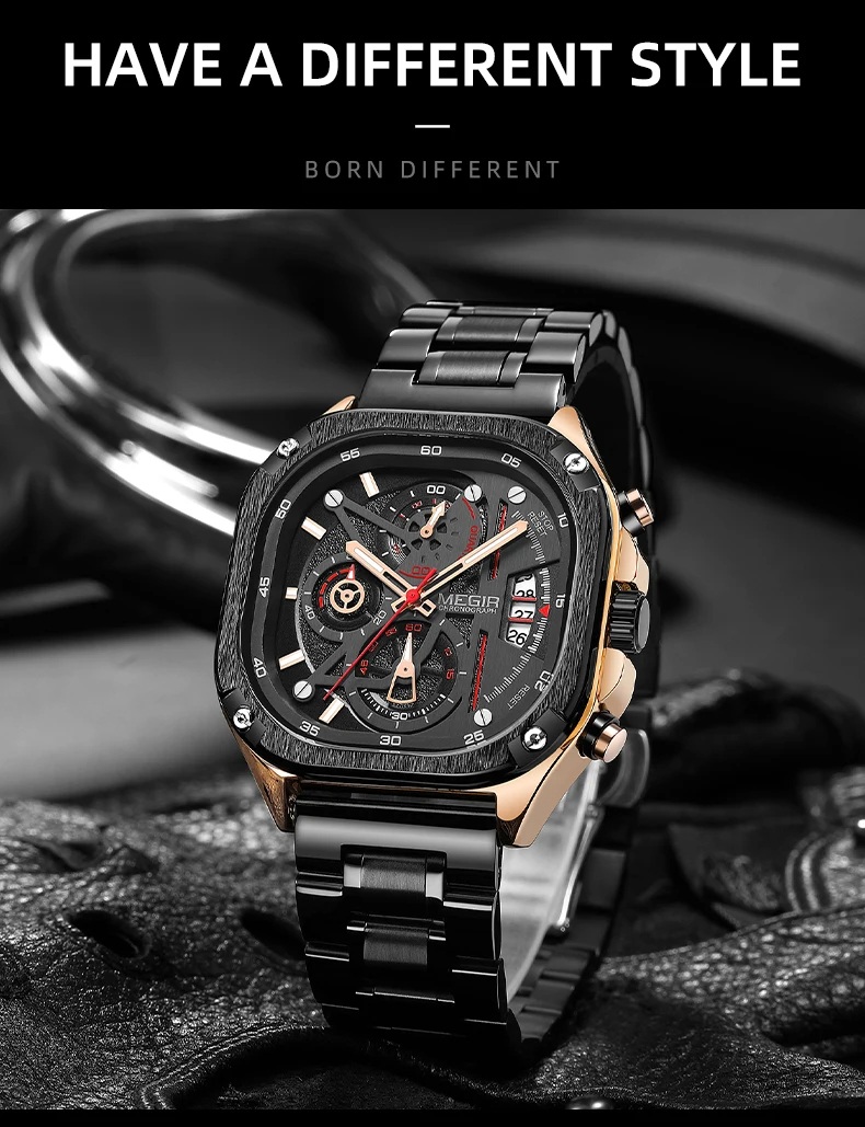 Megir 2217 Square Dial Male watches for men quality Wrist Luxury Waterproof Square wristwatches mens watch