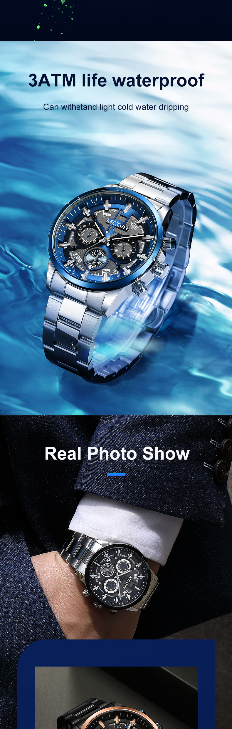 Megir Watch 2220 High Quality Men's Quartz Watches Fashion Luminous Hands 3ATM Waterproof Men's Watches Stainless Steel Band