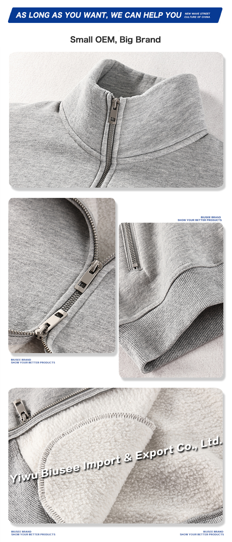 High Quality Hoodies Jacket Logo Custom Heavy Weight Stand Collar Hoodie Zipper Hoodie