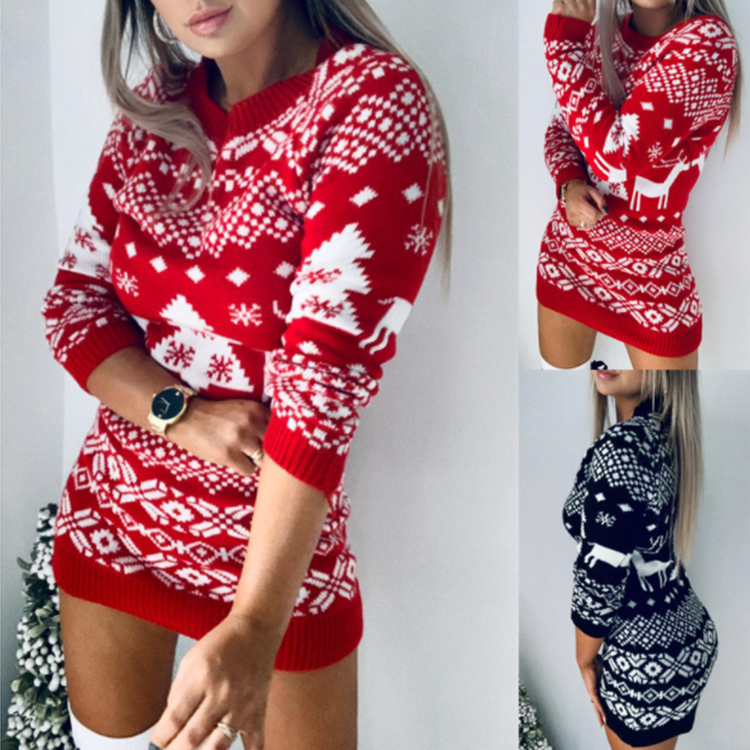 2024 Christmas Winter Fashion Long Pullover Knit Sweaters Women Warm Clothing For Lady