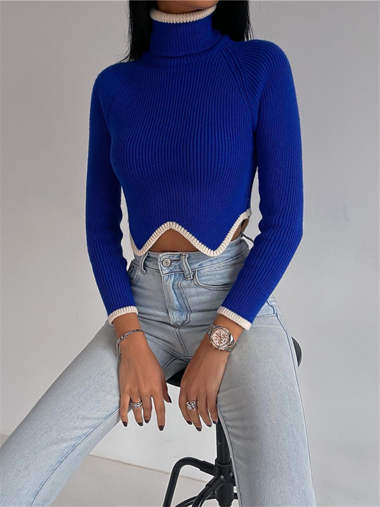 2024 Fashion Long Sleeve High Neck Tight Knit Undershirt Top Women Short Contrast Slim Sweater Clothing