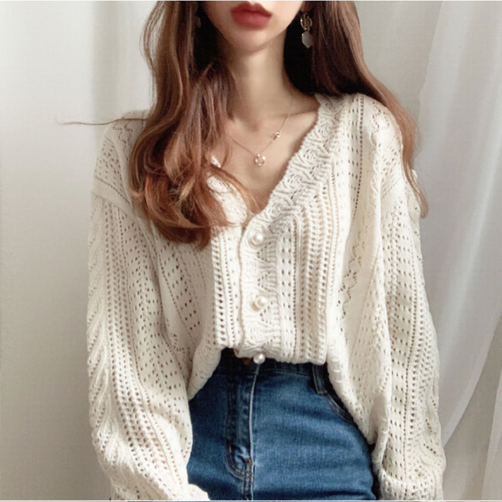 2024 Spring New Casual Vintage Hollow-Out Languid Lazy Wind Women Sweater Crocheted V-Neck Cardigan