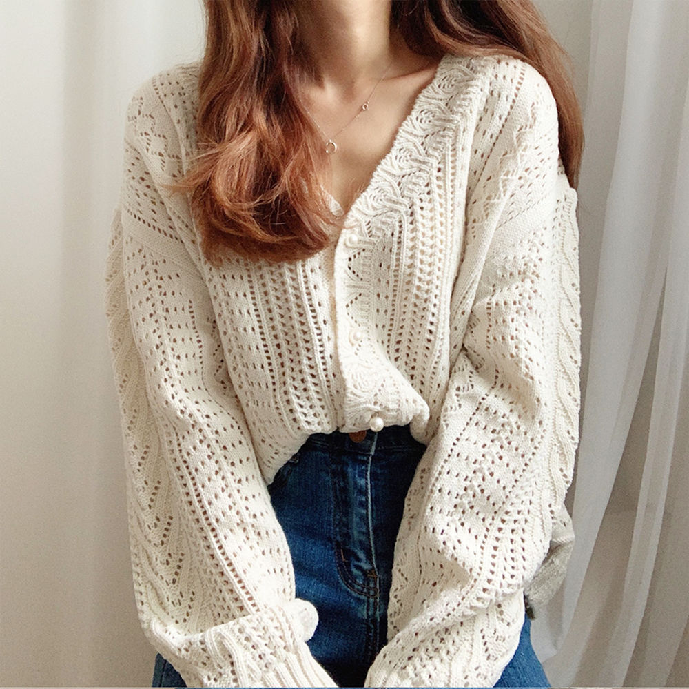 2024 Spring New Casual Vintage Hollow-Out Languid Lazy Wind Women Sweater Crocheted V-Neck Cardigan