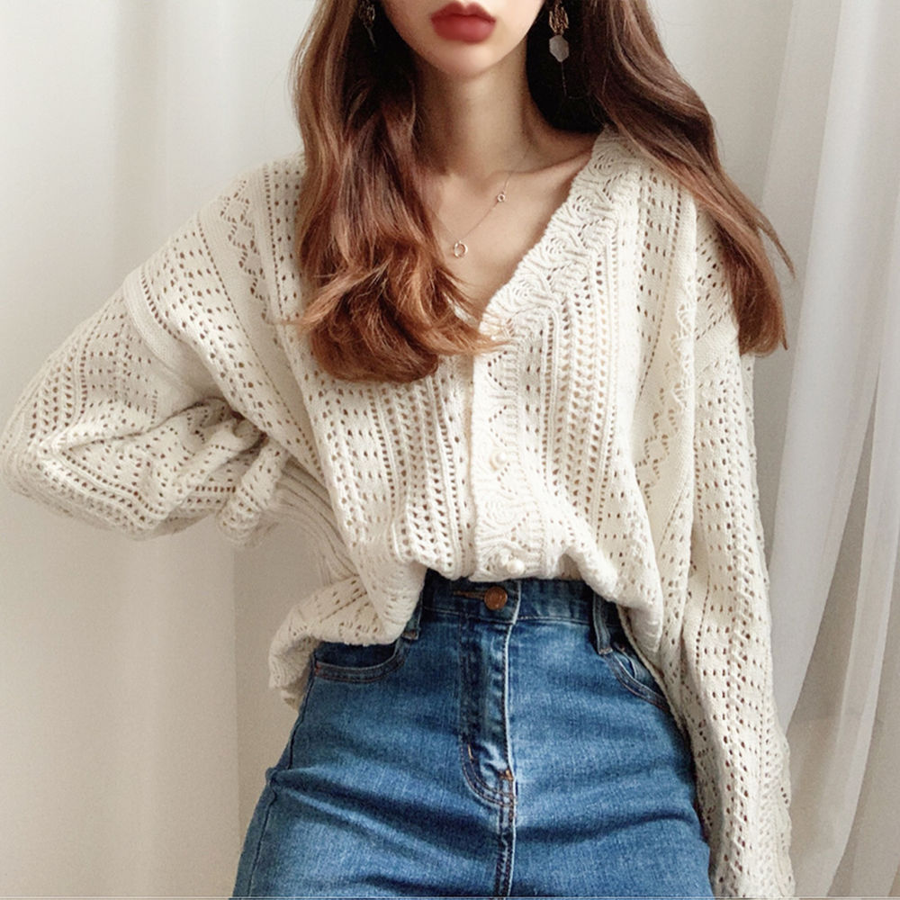 2024 Spring New Casual Vintage Hollow-Out Languid Lazy Wind Women Sweater Crocheted V-Neck Cardigan