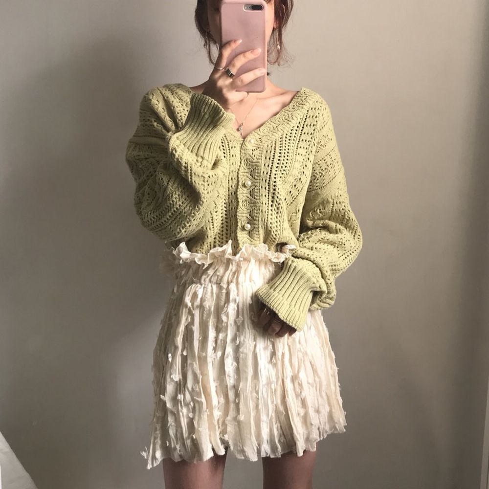 2024 Spring New Casual Vintage Hollow-Out Languid Lazy Wind Women Sweater Crocheted V-Neck Cardigan