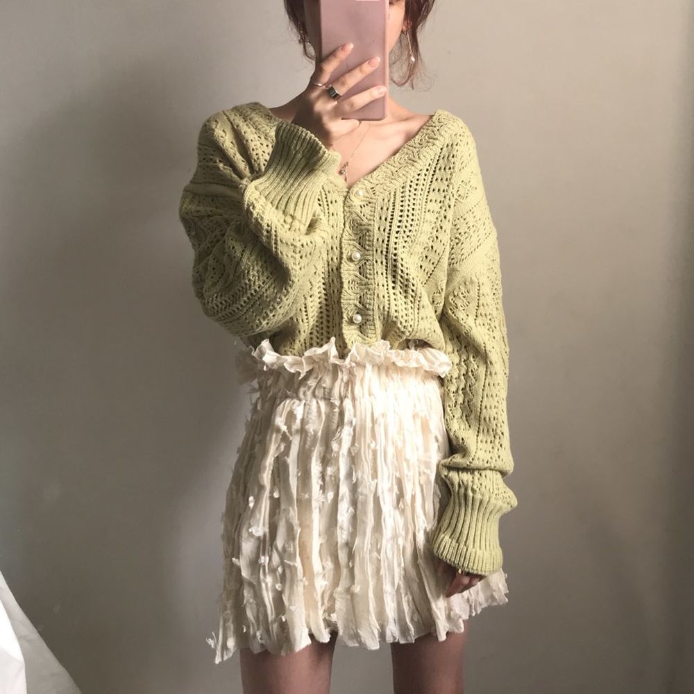 2024 Spring New Casual Vintage Hollow-Out Languid Lazy Wind Women Sweater Crocheted V-Neck Cardigan