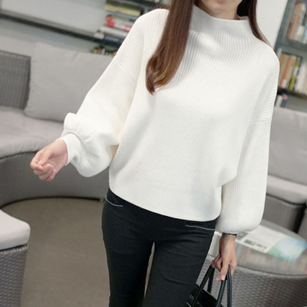 Autumn Winter New Half-Turtleneck Knitting Sweater Women Loose Versatile Lantern Sleeve Knitwear For Lady