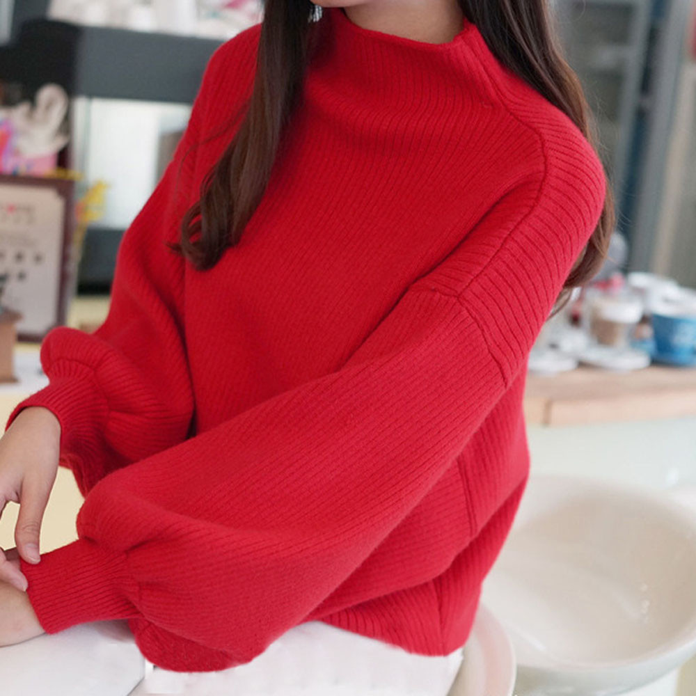 Autumn Winter New Half-Turtleneck Knitting Sweater Women Loose Versatile Lantern Sleeve Knitwear For Lady