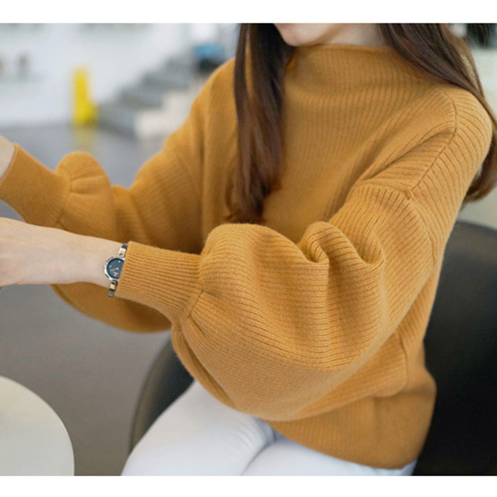 Autumn Winter New Half-Turtleneck Knitting Sweater Women Loose Versatile Lantern Sleeve Knitwear For Lady