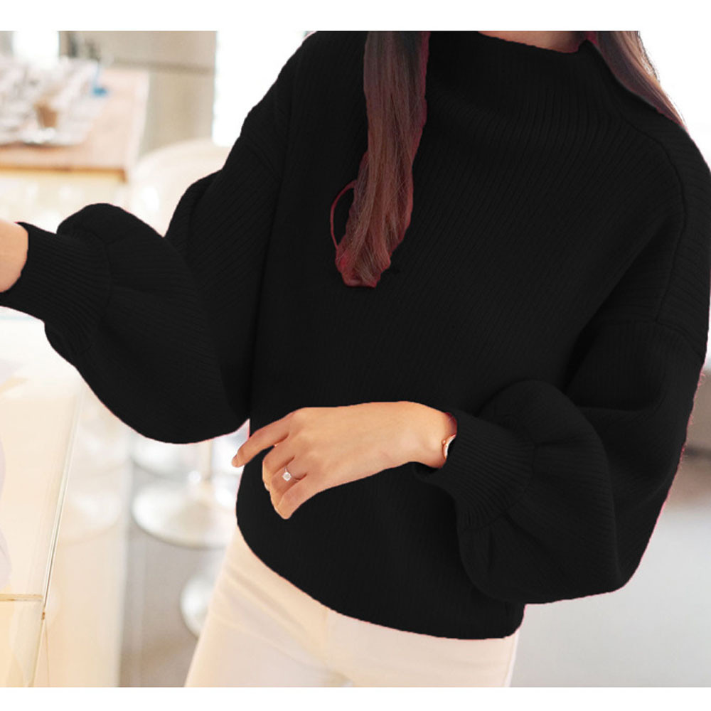 Autumn Winter New Half-Turtleneck Knitting Sweater Women Loose Versatile Lantern Sleeve Knitwear For Lady