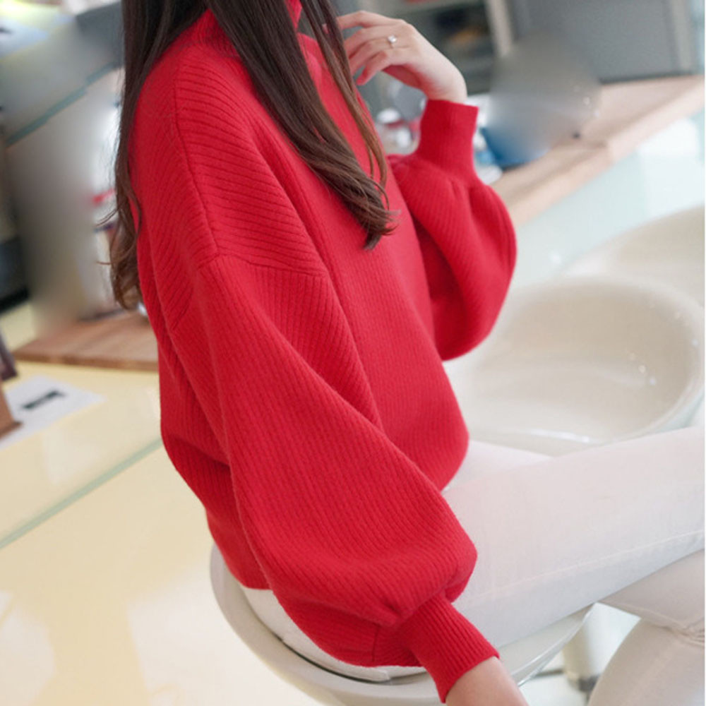 Autumn Winter New Half-Turtleneck Knitting Sweater Women Loose Versatile Lantern Sleeve Knitwear For Lady