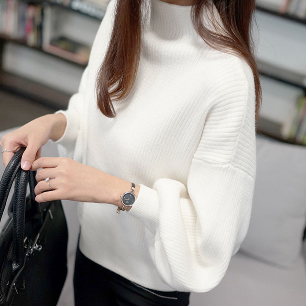 Autumn Winter New Half-Turtleneck Knitting Sweater Women Loose Versatile Lantern Sleeve Knitwear For Lady