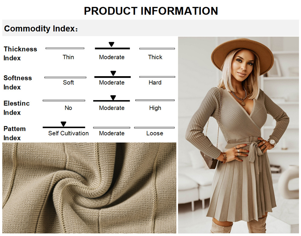 Casual Spring New Sweater Foreign Solid Streetwear Trade Sexy V-Neck Pleated Knitted A- Line Short Dress