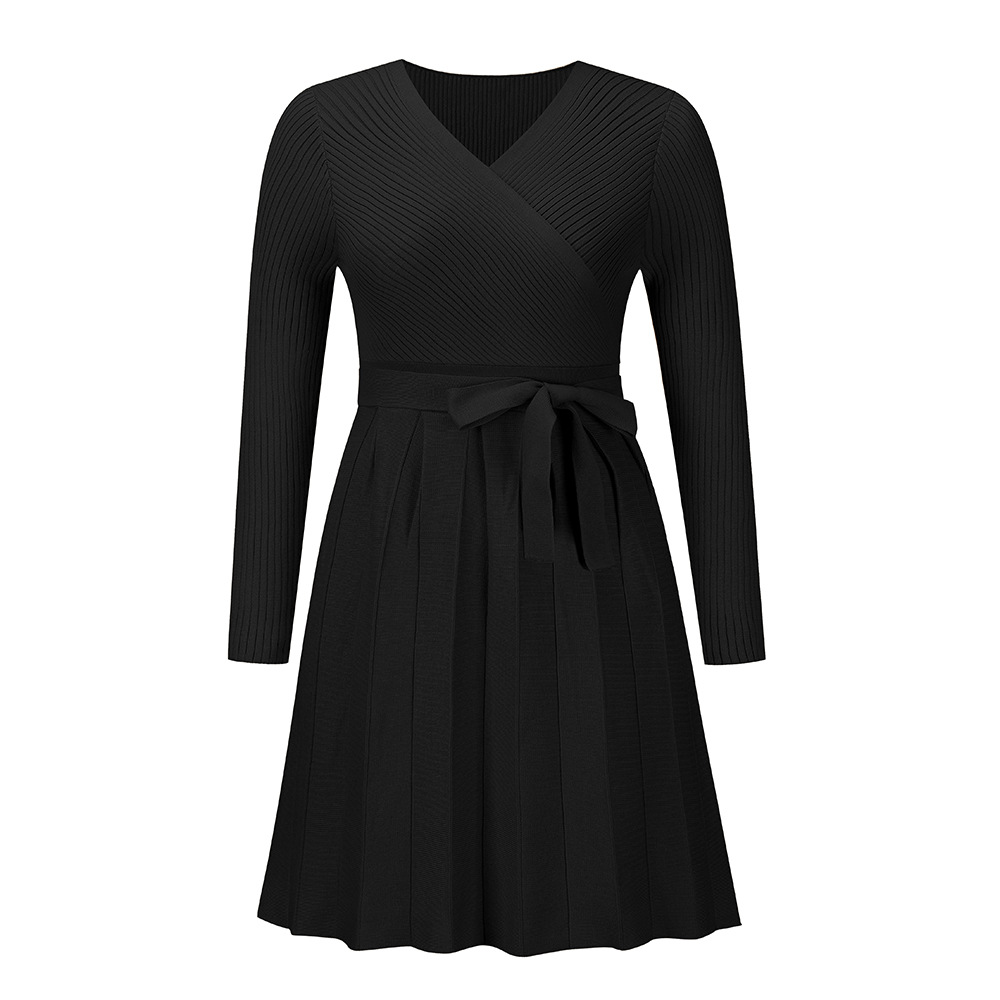 Casual Spring New Sweater Foreign Solid Streetwear Trade Sexy V-Neck Pleated Knitted A- Line Short Dress