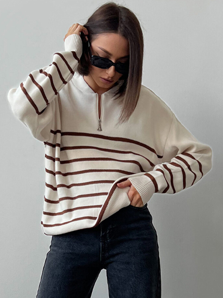 Casual Zipper Crewneck Women Loose Oversize Contrast Cross-Grain Long-Sleeved Sweater Pullover Clothing