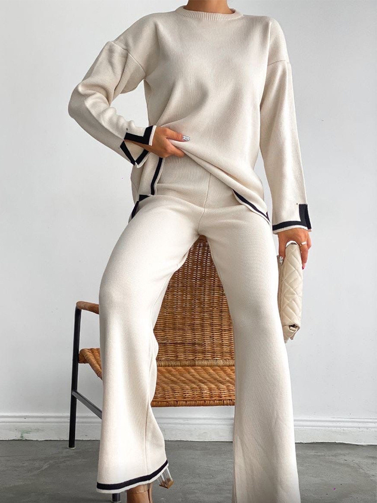 Fashion 2 Pieces Women Trouser Long Contrast Pants Panels Round Neck Split Knit Sweater Clothing Sets