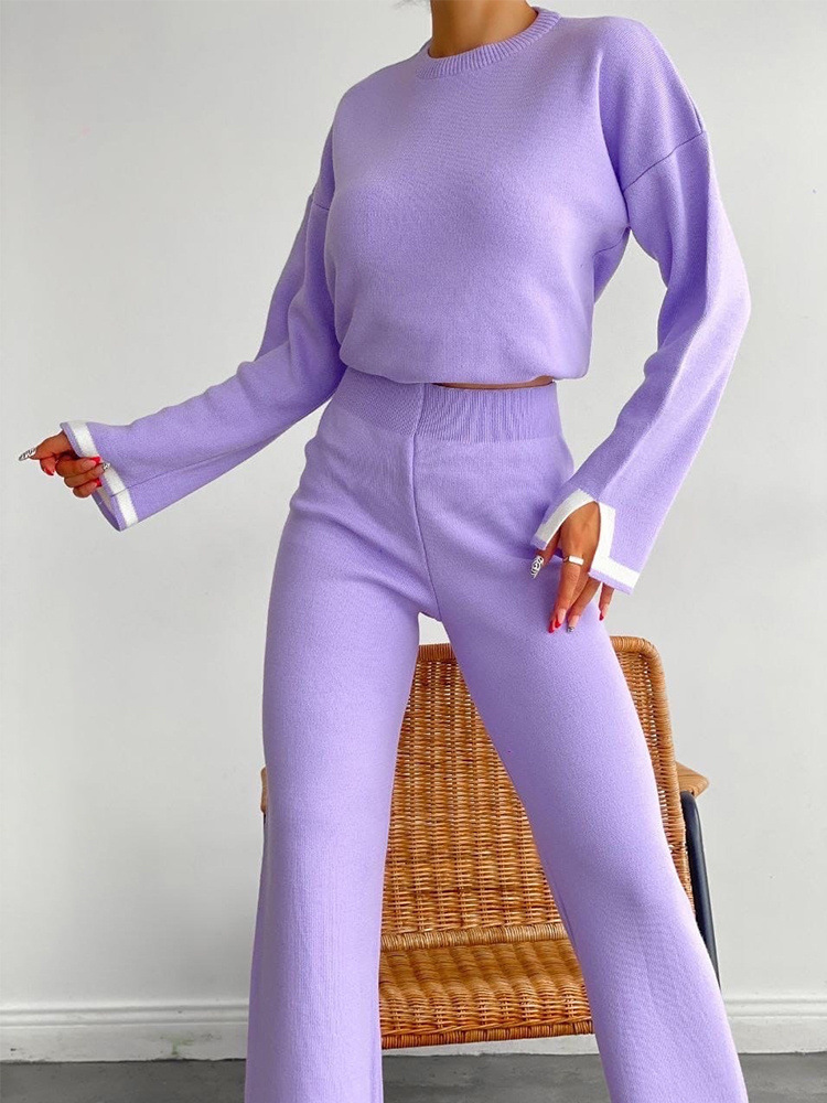 Fashion 2 Pieces Women Trouser Long Contrast Pants Panels Round Neck Split Knit Sweater Clothing Sets