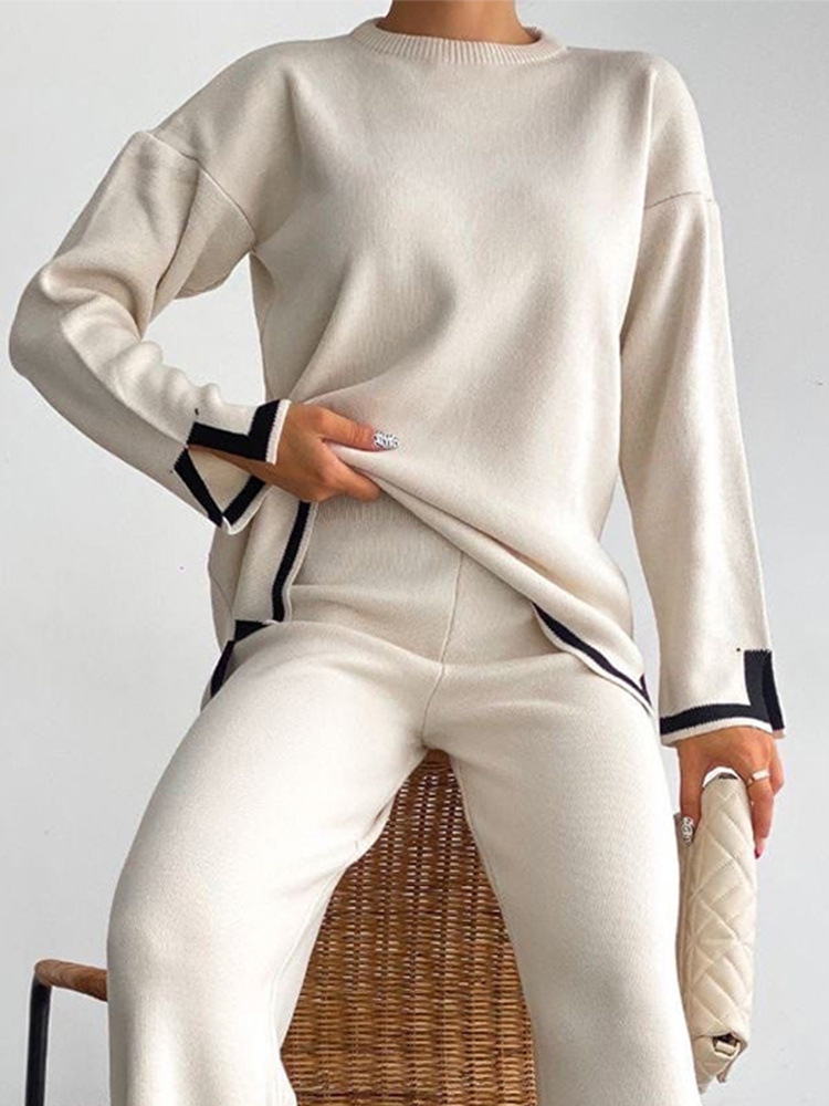 Fashion 2 Pieces Women Trouser Long Contrast Pants Panels Round Neck Split Knit Sweater Clothing Sets