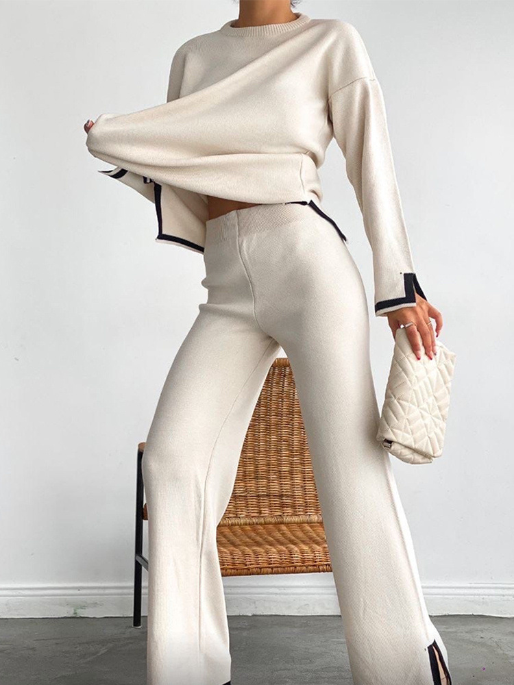 Fashion 2 Pieces Women Trouser Long Contrast Pants Panels Round Neck Split Knit Sweater Clothing Sets