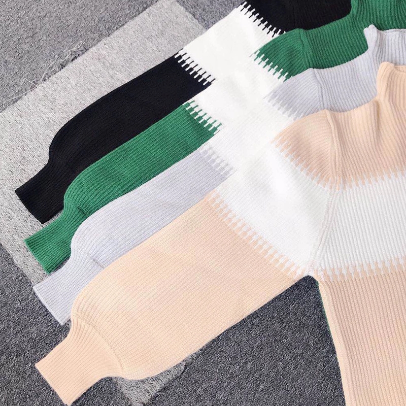 High Collar Soft Winter Pullover Women's Casual Pit Stripe Contrast Sweater Knitwear Clothing For Lady