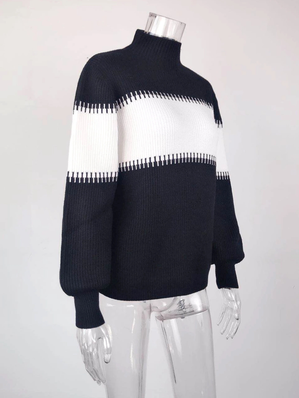 High Collar Soft Winter Pullover Women's Casual Pit Stripe Contrast Sweater Knitwear Clothing For Lady