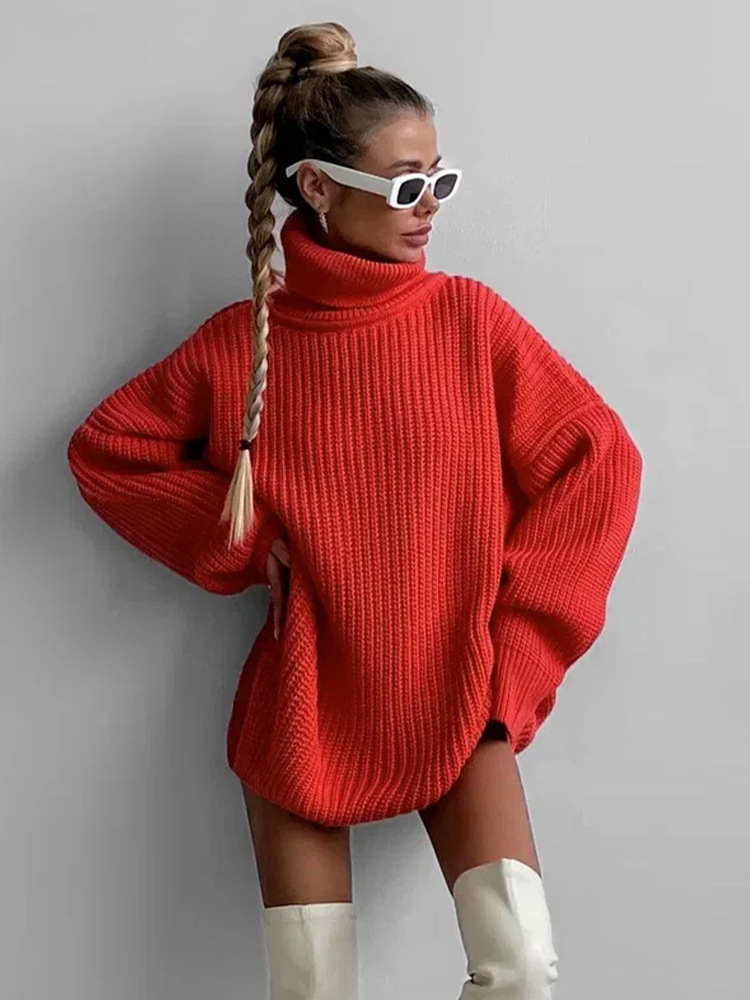 High Neck Solid Color Casual Loose Knit Solid Color Thick Sweater Women Pullover Top Wear