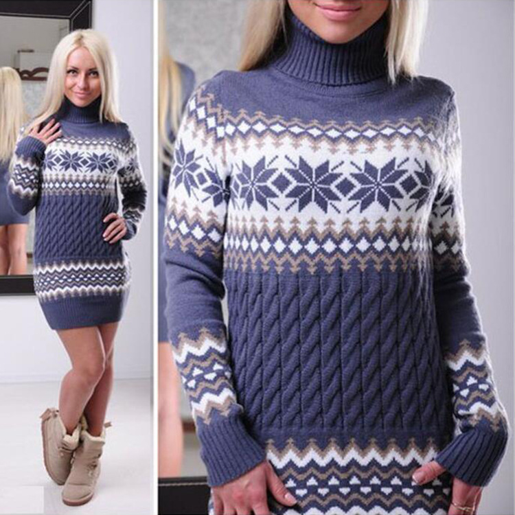 New Trending  Designer Jacquard Christmas Winter Long Women Sweater Turtleneck Lady Knitted Clothing