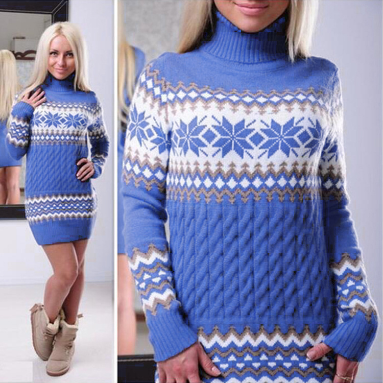 New Trending  Designer Jacquard Christmas Winter Long Women Sweater Turtleneck Lady Knitted Clothing