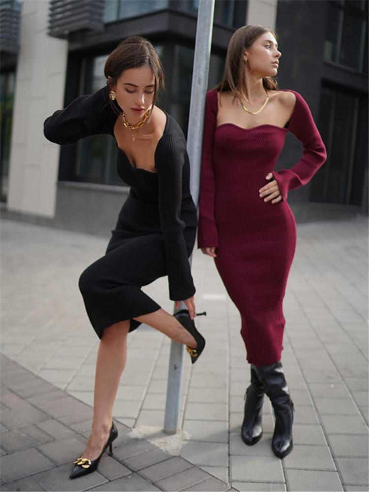 Sexy Long Sleeve Bandeau Knit Feminine Sweater Woolen Tight Dress Women Clothing Ropa Vestidos