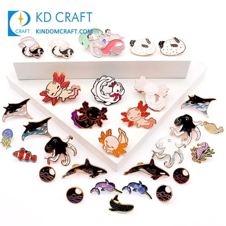 Unique Design Custom Metal Cartoon Cute Animal Baby Fish Mermaid Whale Dolphin Jellyfish Badge Hard Soft Enamel Lapel Fish Pin