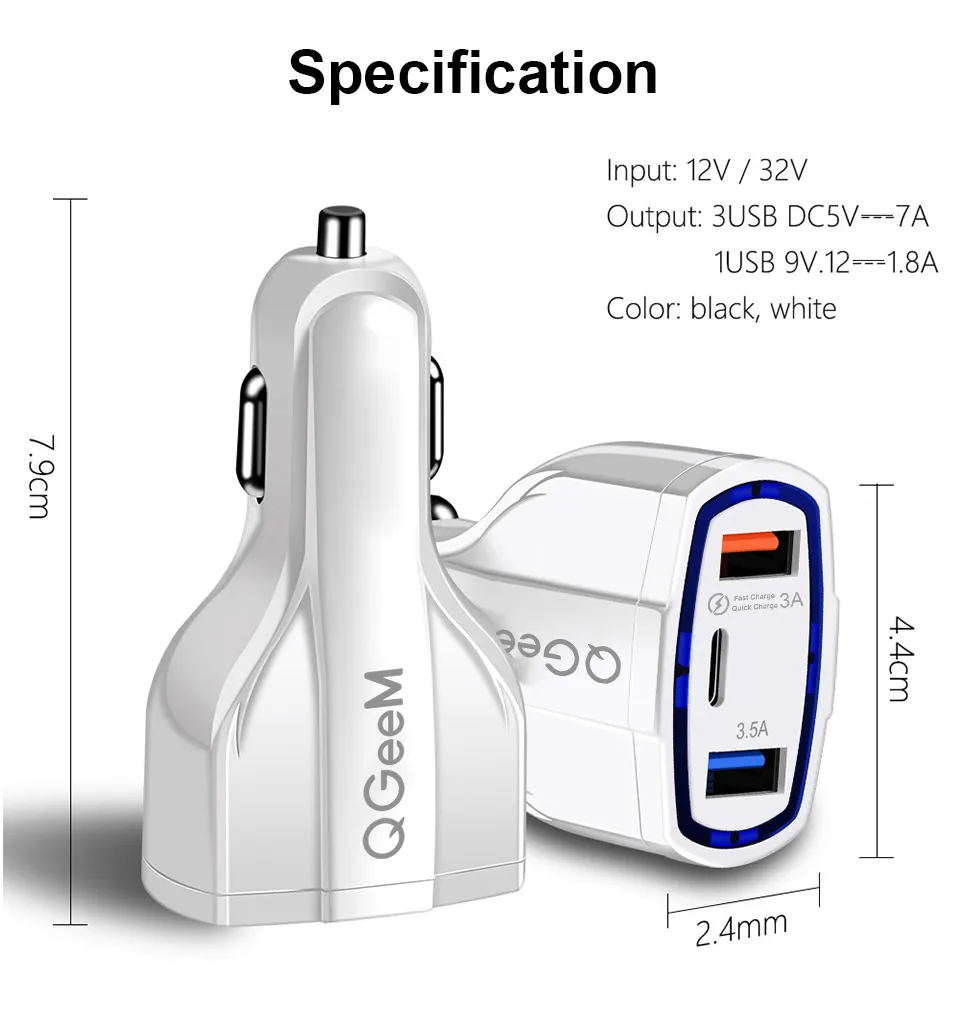 35W QC 3.0 Rapid Fast Speed Charging 3 Dual USB Port Quick Charger Type C Car Charger for Samsung