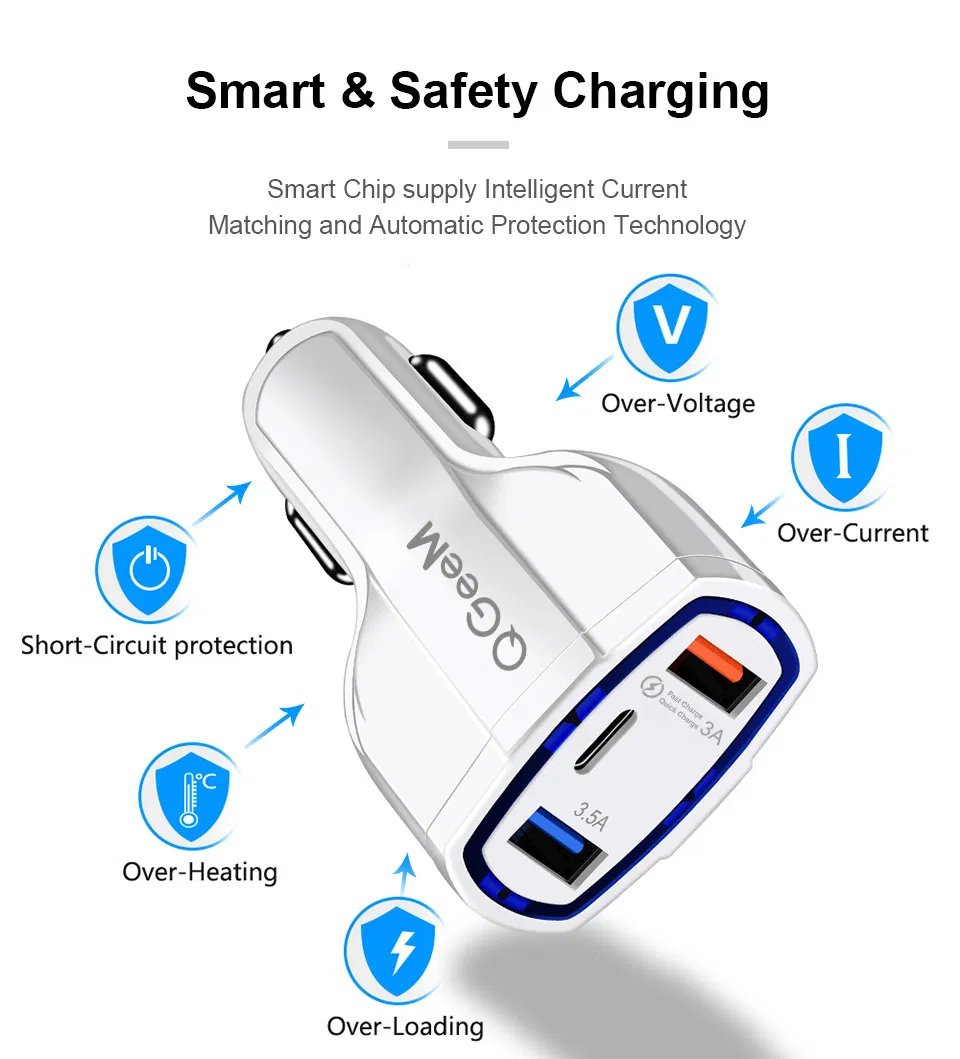 35W QC 3.0 Rapid Fast Speed Charging 3 Dual USB Port Quick Charger Type C Car Charger for Samsung