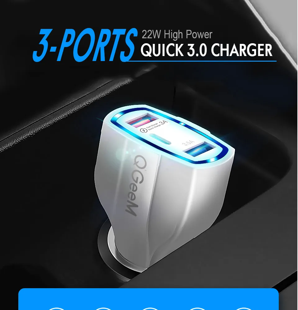 35W QC 3.0 Rapid Fast Speed Charging 3 Dual USB Port Quick Charger Type C Car Charger for Samsung