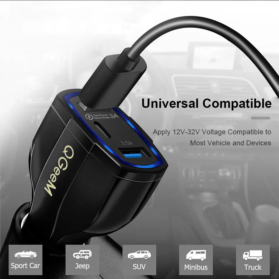 35W QC 3.0 Rapid Fast Speed Charging 3 Dual USB Port Quick Charger Type C Car Charger for Samsung