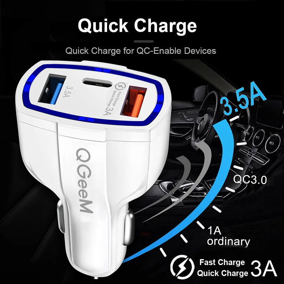 35W QC 3.0 Rapid Fast Speed Charging 3 Dual USB Port Quick Charger Type C Car Charger for Samsung