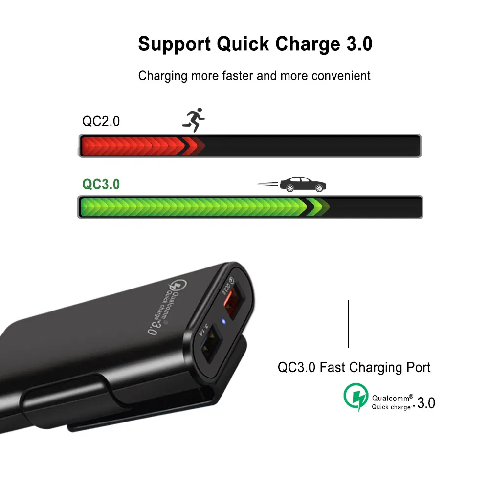 Multi USB Port QC 3.0 Backseat Clip Car Charger Extension Cord Long Cable for iPhone Rear Back Seat Vehicle Quick Charge Adapter